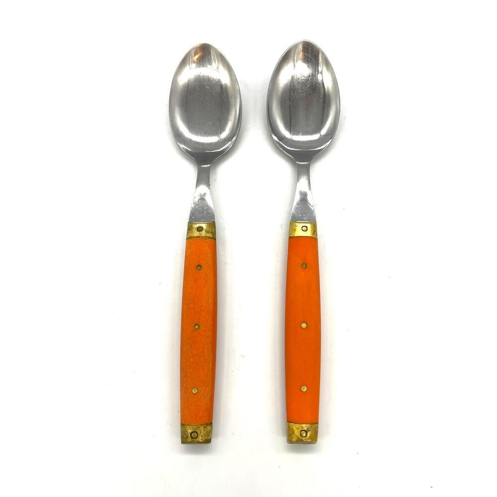 Vtg MCM Melron Orange & Brass Rivit Cutlery Set of 2 Bistro Style Spoons France